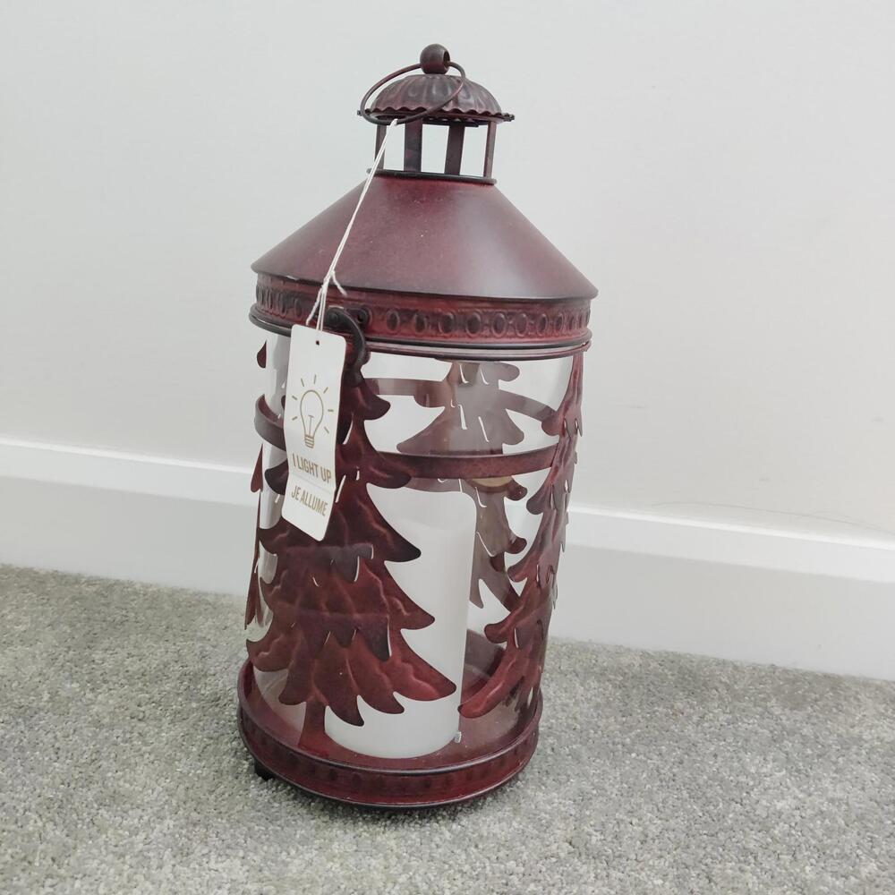 Martha Stewart Pine Trees 14" Metal Maroon Lantern Candle Holder Christmas Decor